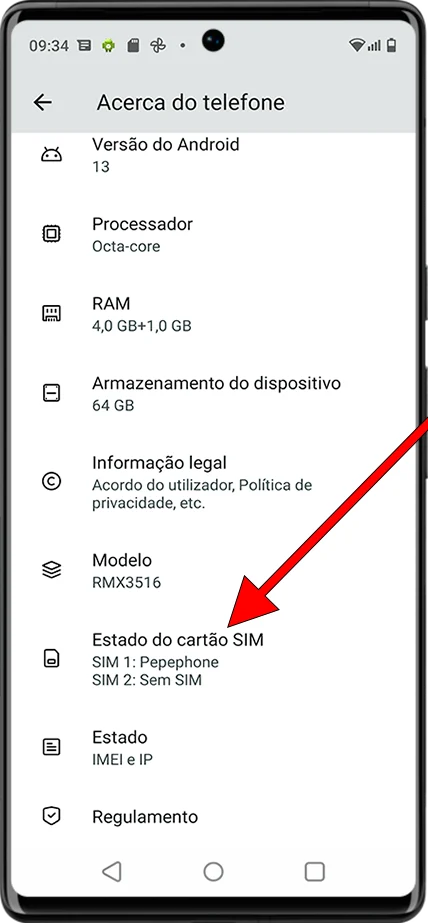 Estado do cartão SIM Android