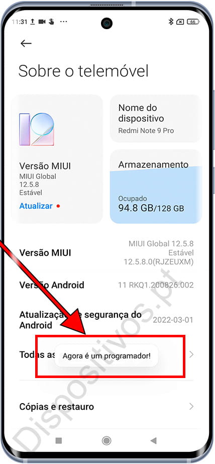 Opções do desenvolvedor ativadas