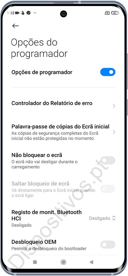 Opções de programador ativadas
