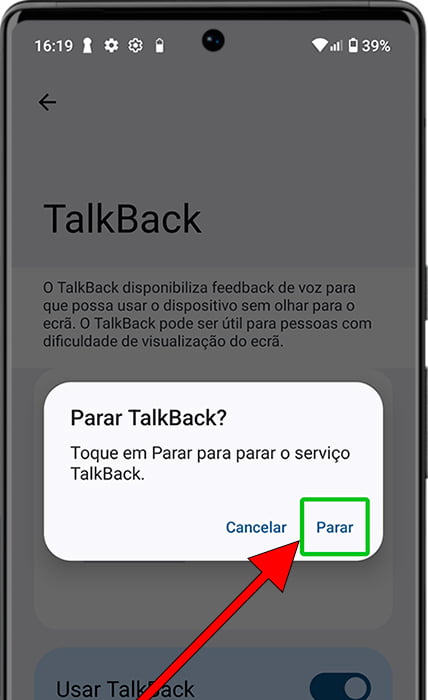 Botão parar Talkback
