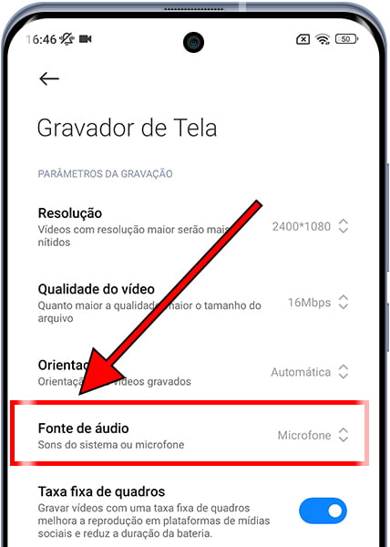 Fonte de áudio do gravador de tela Xiaomi