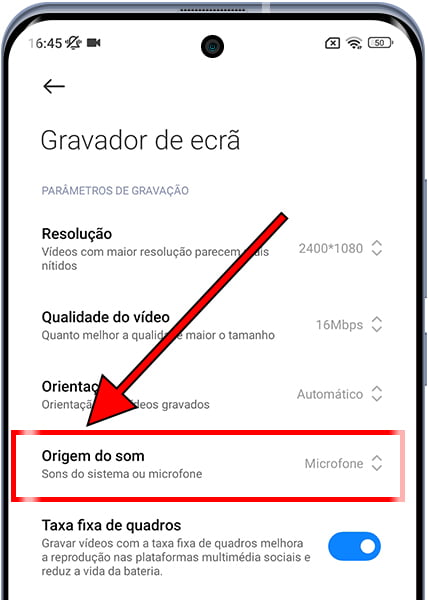 Origem do som do gravador de tela Xiaomi