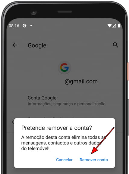 Confirme a remoção da conta Android