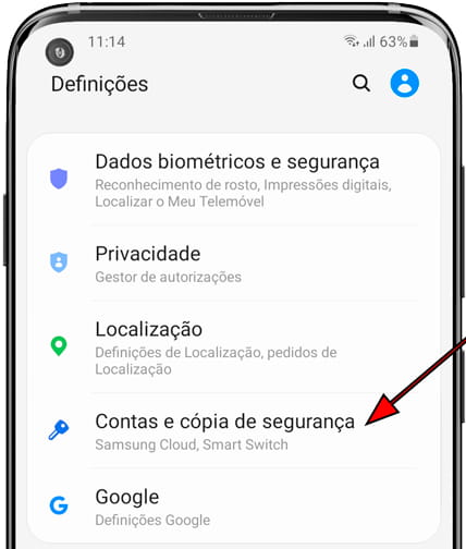 Configurações da conta Samsung