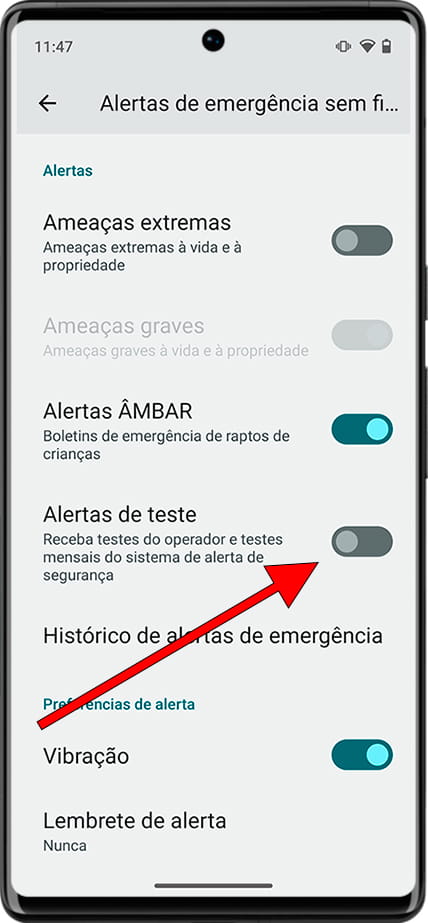 Ativar ou desativar alertas de teste Android