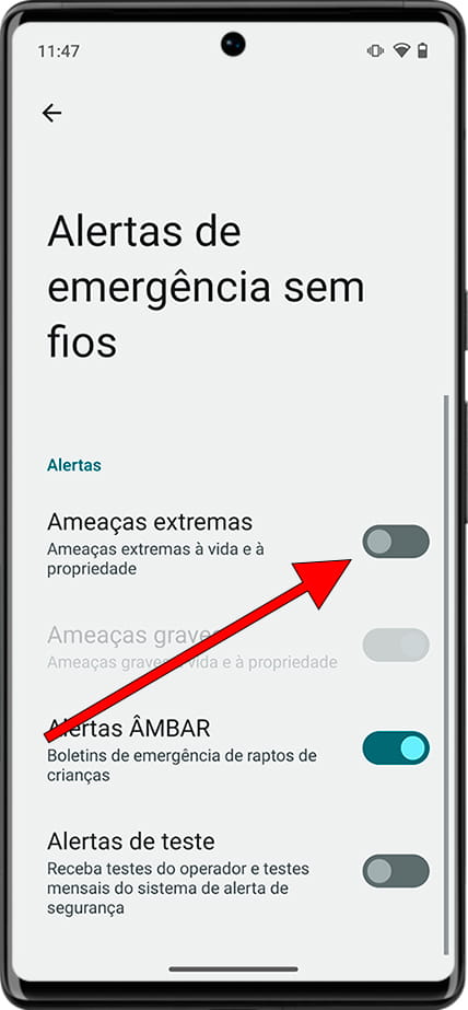 Ative ou desative alertas de ameaças extremas Android