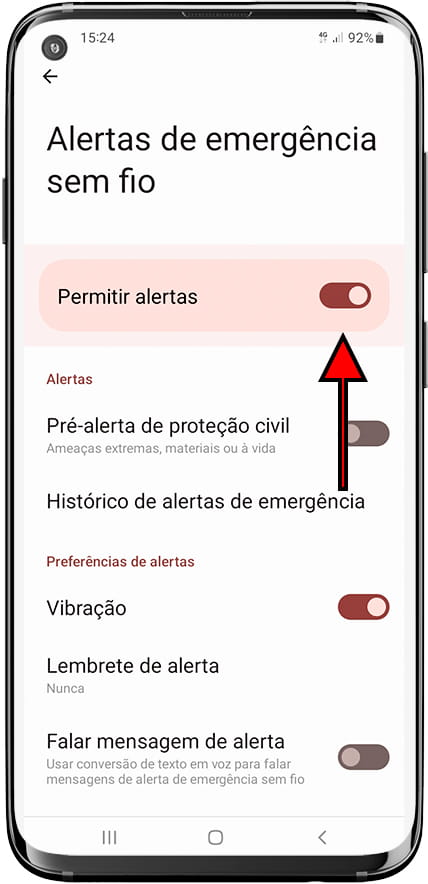 Ativar ou desativar alertas de emergência Samsung