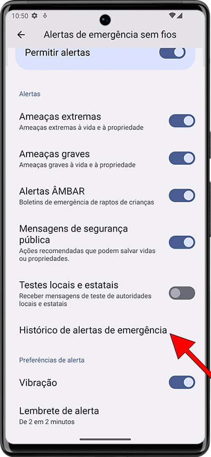 Histórico de alertas de emergência Android