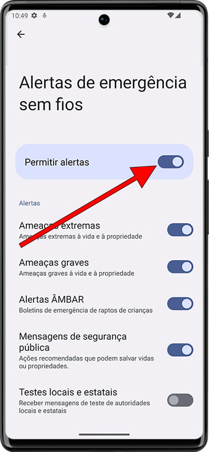 Ativar ou desativar alertas de emergência Android