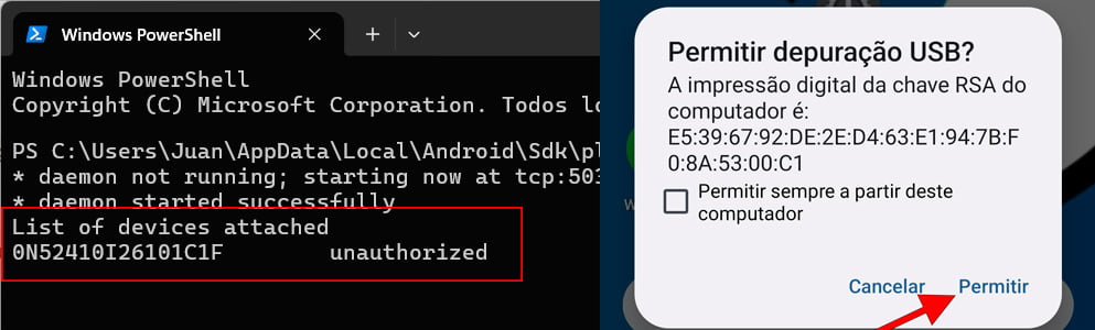 Permitir depuração USB