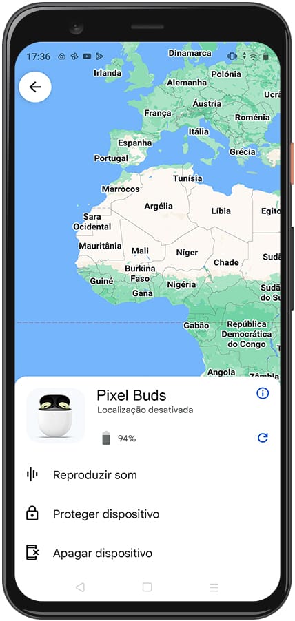 Mapa de localização dos Pixel Buds A-Series
