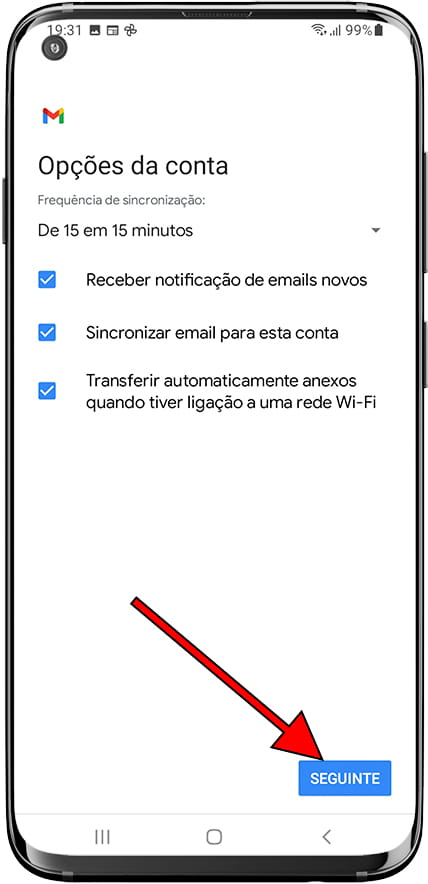 Opções de conta do Gmail