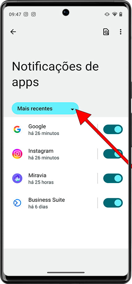 Notificações recentes de aplicativos Android