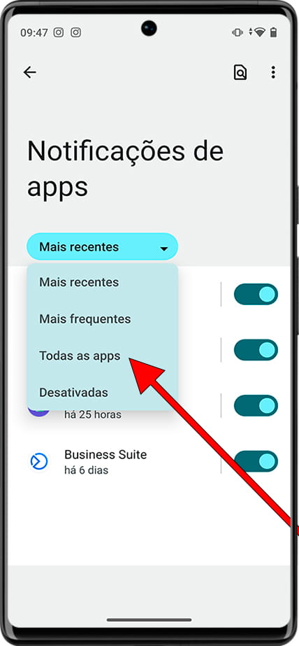 Todas as notificações de aplicativos Android