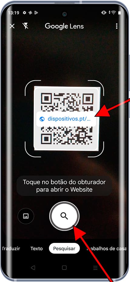 Abra o link QR do Google Lens