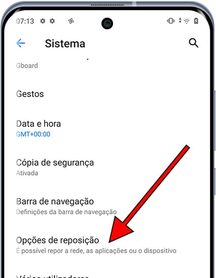 Opções de reposição Android