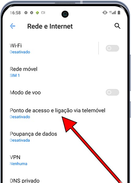 Rede e Internet menu Android