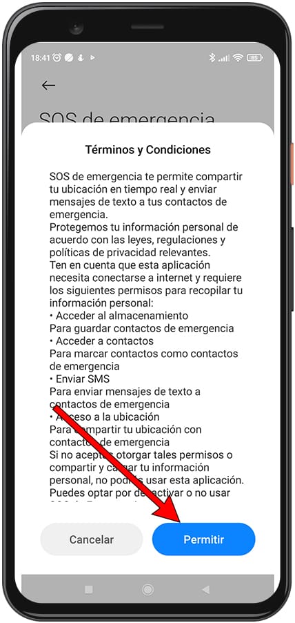 Permitir termos e condições do SOS Xiaomi