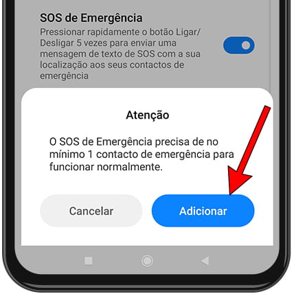 Mensagem adicionar contatos de emergência Xiaomi