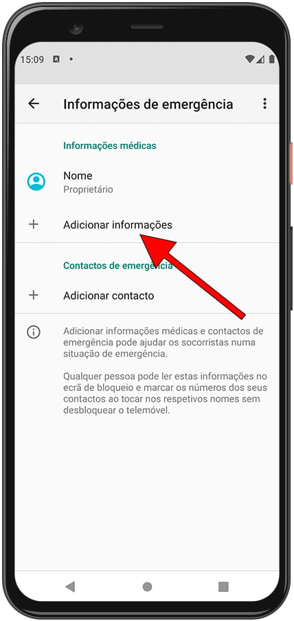 Adicionar informações de emergência Android